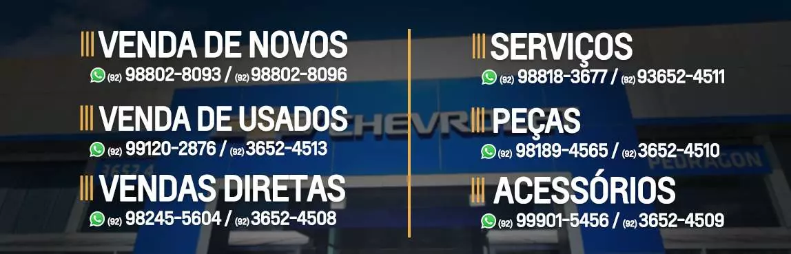 Venda e ofertas de carros novos e seminovos na concessionária Chevrolet Pedragon de Manaus / AM.  Peças genuínas GM, acessórios automotivos originais e serviços de manutenção e revisão de veículos.