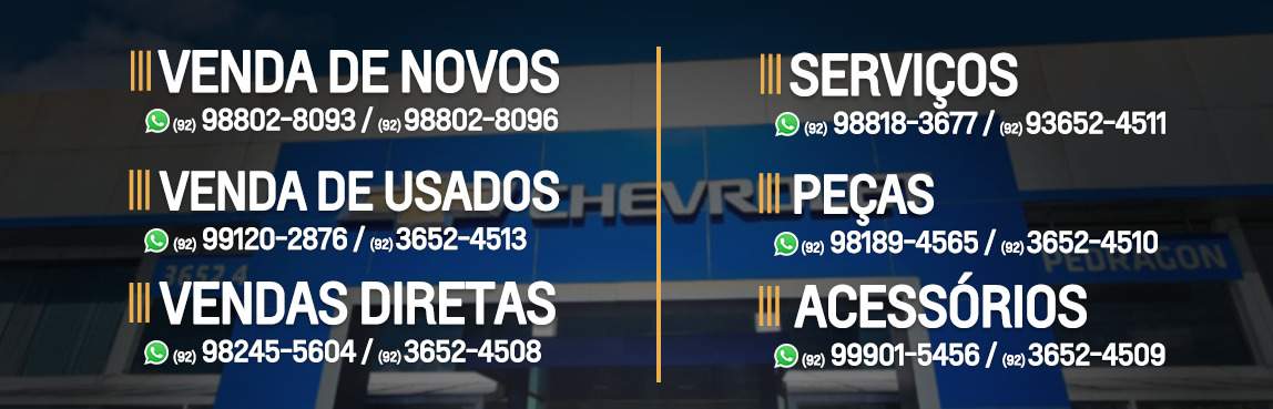 Venda e ofertas de carros novos e seminovos na concessionária Chevrolet Pedragon de Manaus / AM. Peças genuínas GM, acessórios automotivos originais e serviços de manutenção e revisão de veículos.