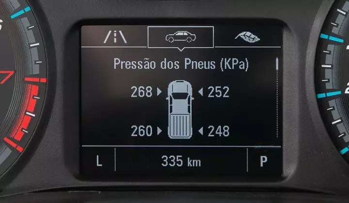 Fotografia feita no interior do veículo, mostrando com destaque o aviso de Alerta de pressão de pneus que aparece no painel
